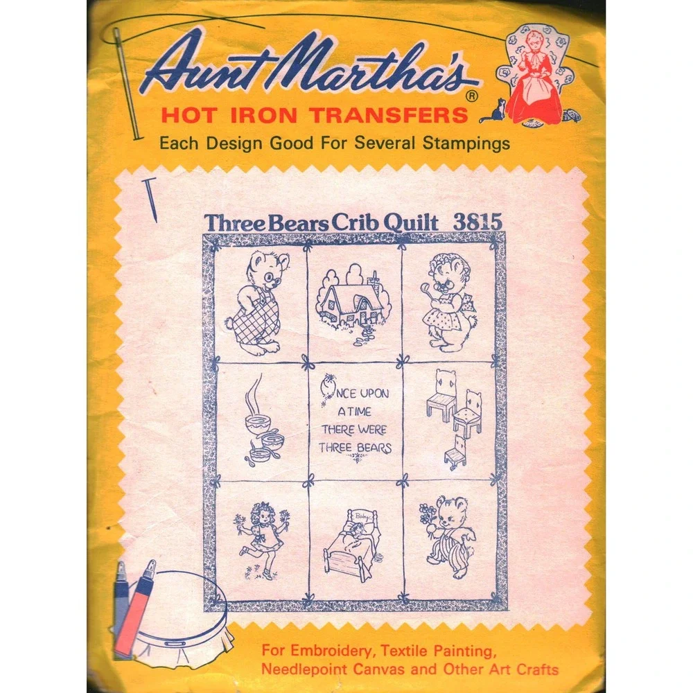Aunt Martha's Hot Iron Transfers Three Bears‎ Crib Quilt 3815 Vintage Embroidery